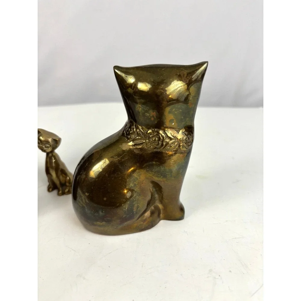 Vintage‎ Brass Cat Figurine Set Mid Century Style Kitty Family Decor Lot of 3